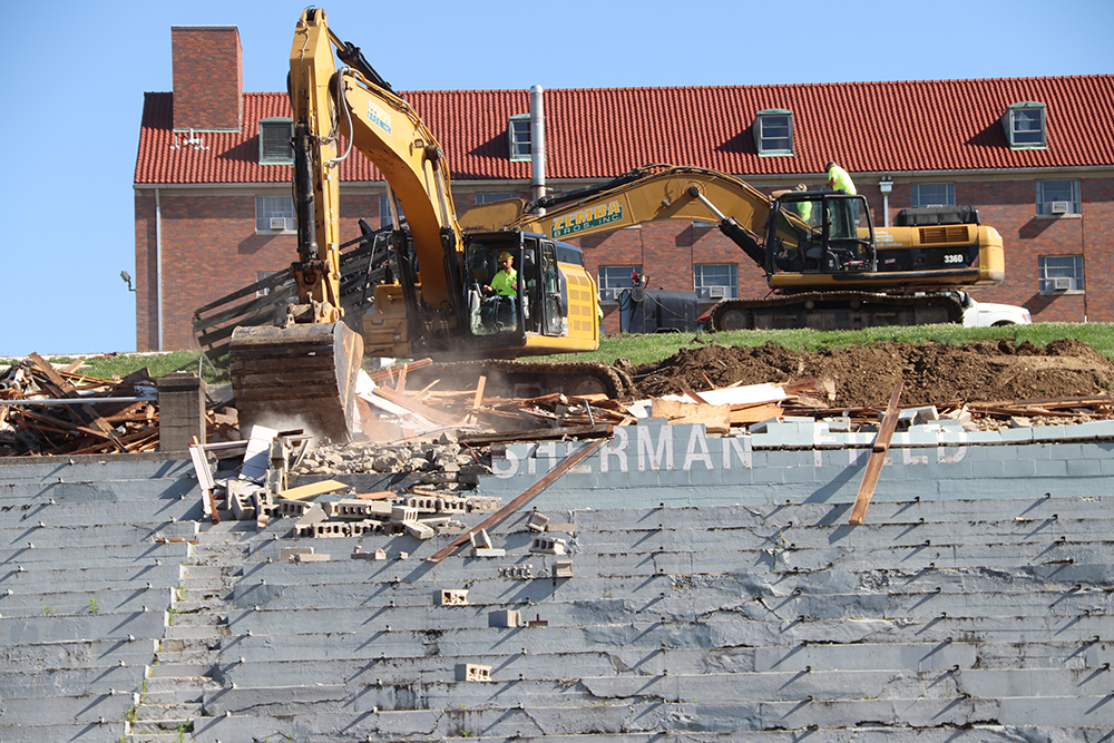 demolition of the old pressbox on the site of the new HWC building