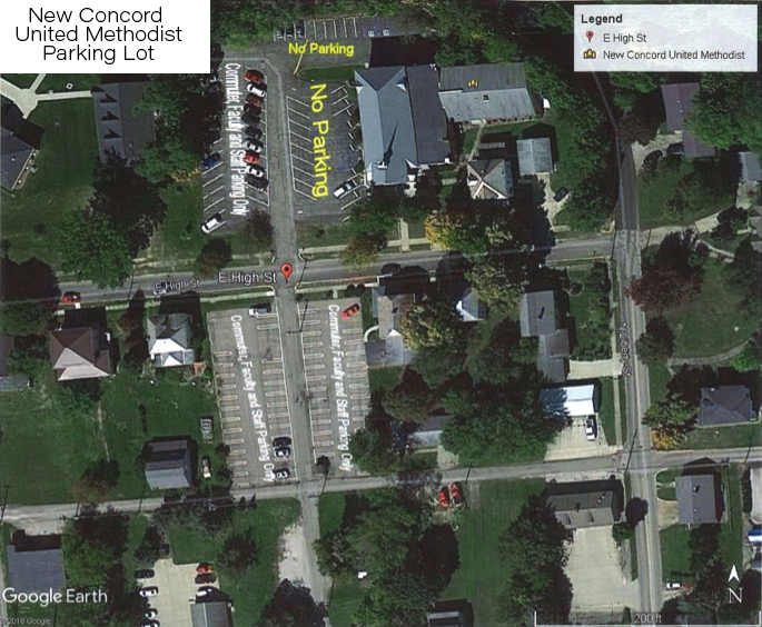 Map image of parking lots to use around the New Concord United Mehtodist Church