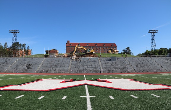 picture from center field showing the demolition of the old pressbox in the background