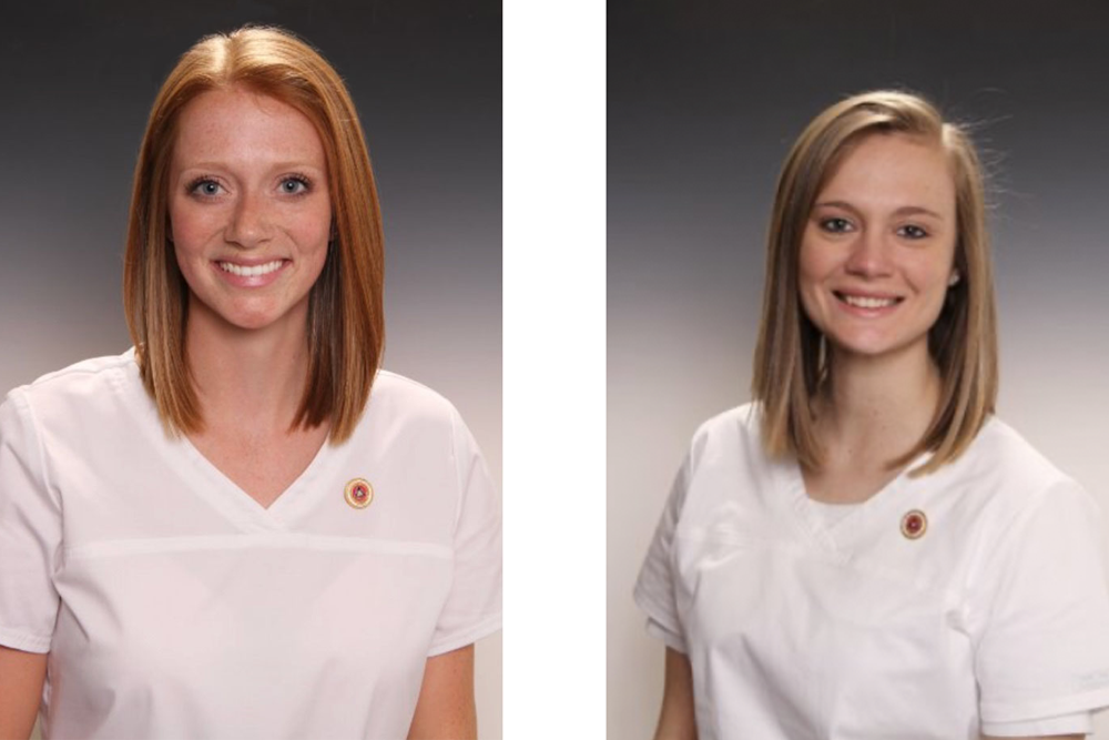 Payton Bevard and Madee Stones, nursing pinning photos. wearing white scrubs with their honorary nursing pins.
