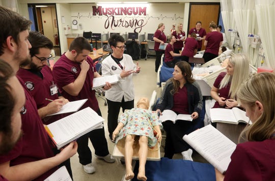 nursing class gathered around a hi fidelity simulation child dummy during class