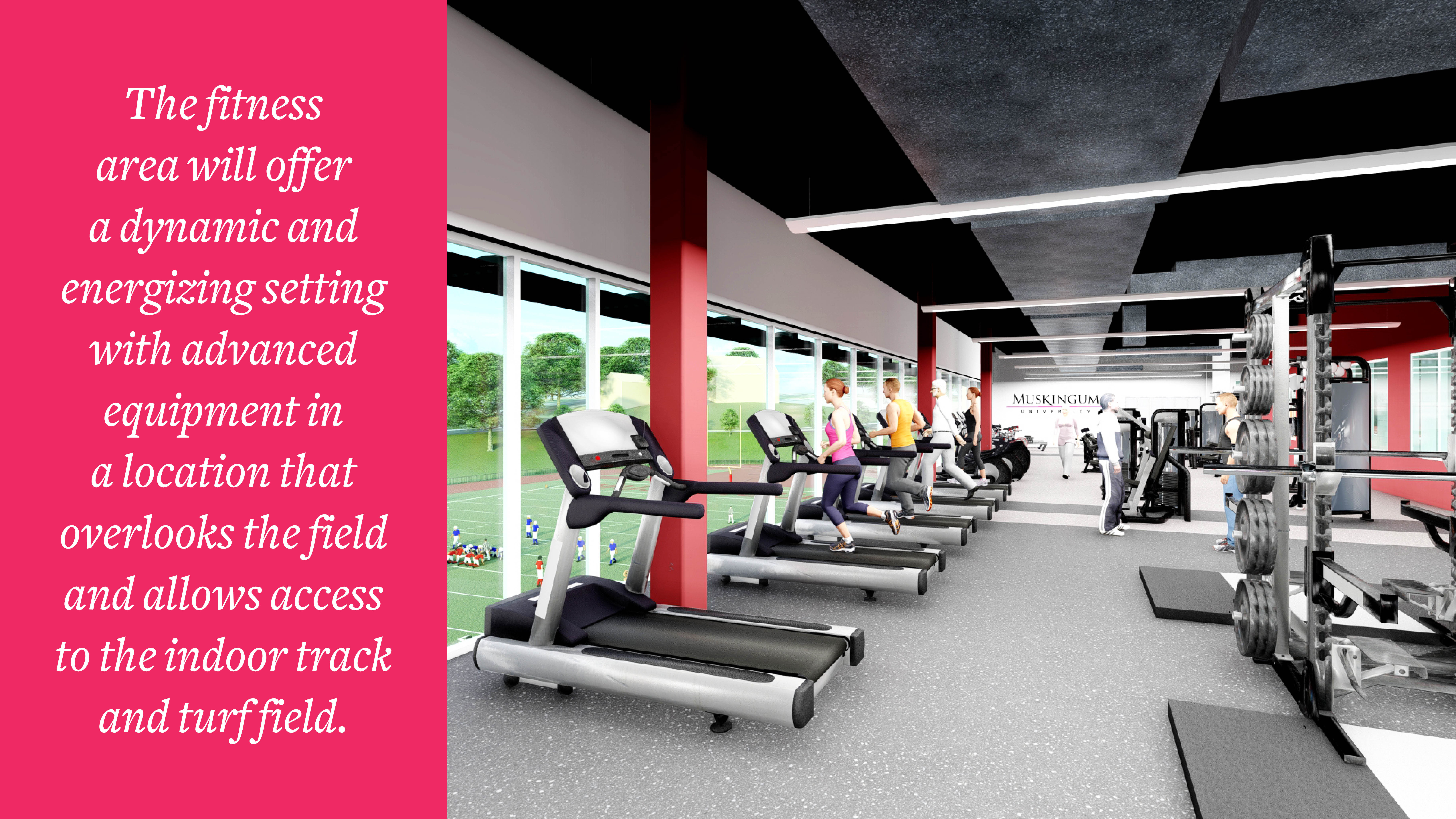 inside rendering of the fitness center with workout equipment and a wall of windows overlooking the outdoor football field