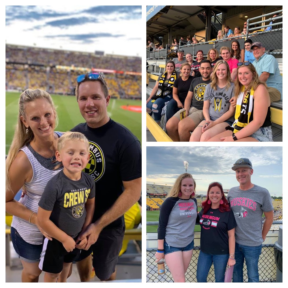 collage of alumni and family at a Columbus Crew game
