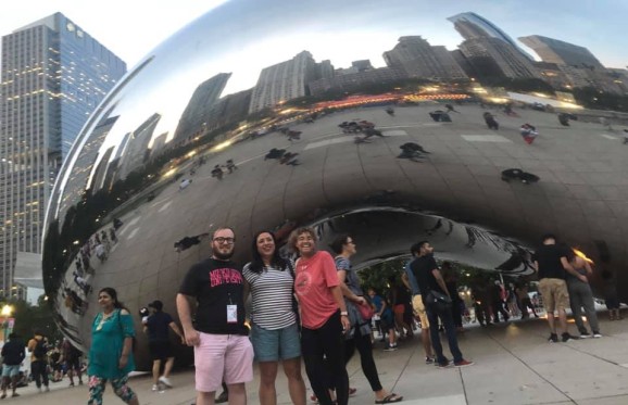 Melissa, mac, and Lauren in front of the Bean in Chicago