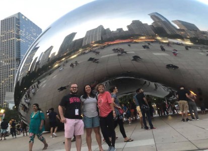 Melissa, mac, and Lauren in front of the Bean in Chicago