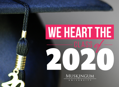 mortar board hat with graphic text that says "we heart the class of 2020"