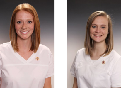Payton Bevard and Madee Stones, nursing pinning photos. wearing white scrubs with their honorary nursing pins.