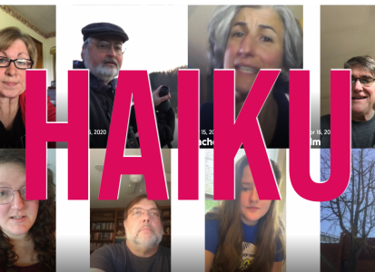 haiku graphic featuring a screenshot of the videos of faculty and students performing their haikus