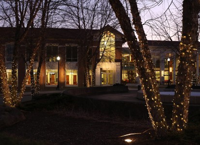 christmas lights around the trees in front of the Smith Library on campus